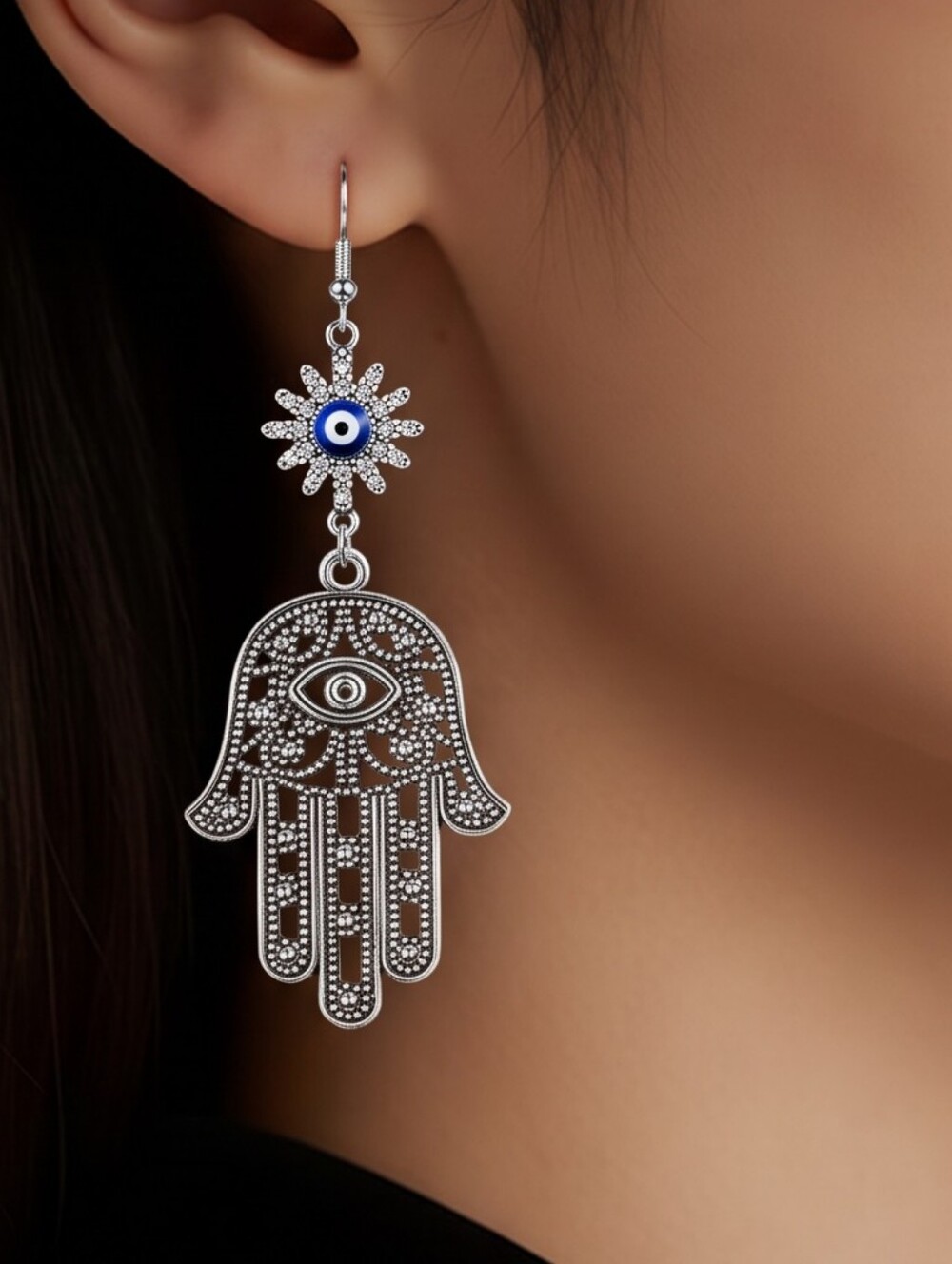 Hamsa Hand Evil Eye Earrings Silver Filigree Starburst Rhinestone Blue Dangle